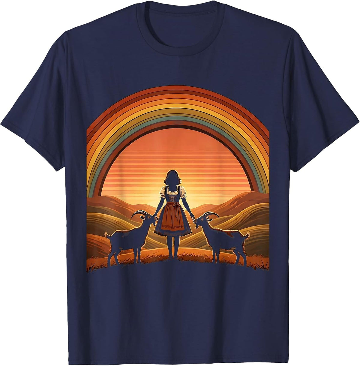 Dirndl Girl Feeding Goats on Hillside Illustration T-Shirt - Navy Blue