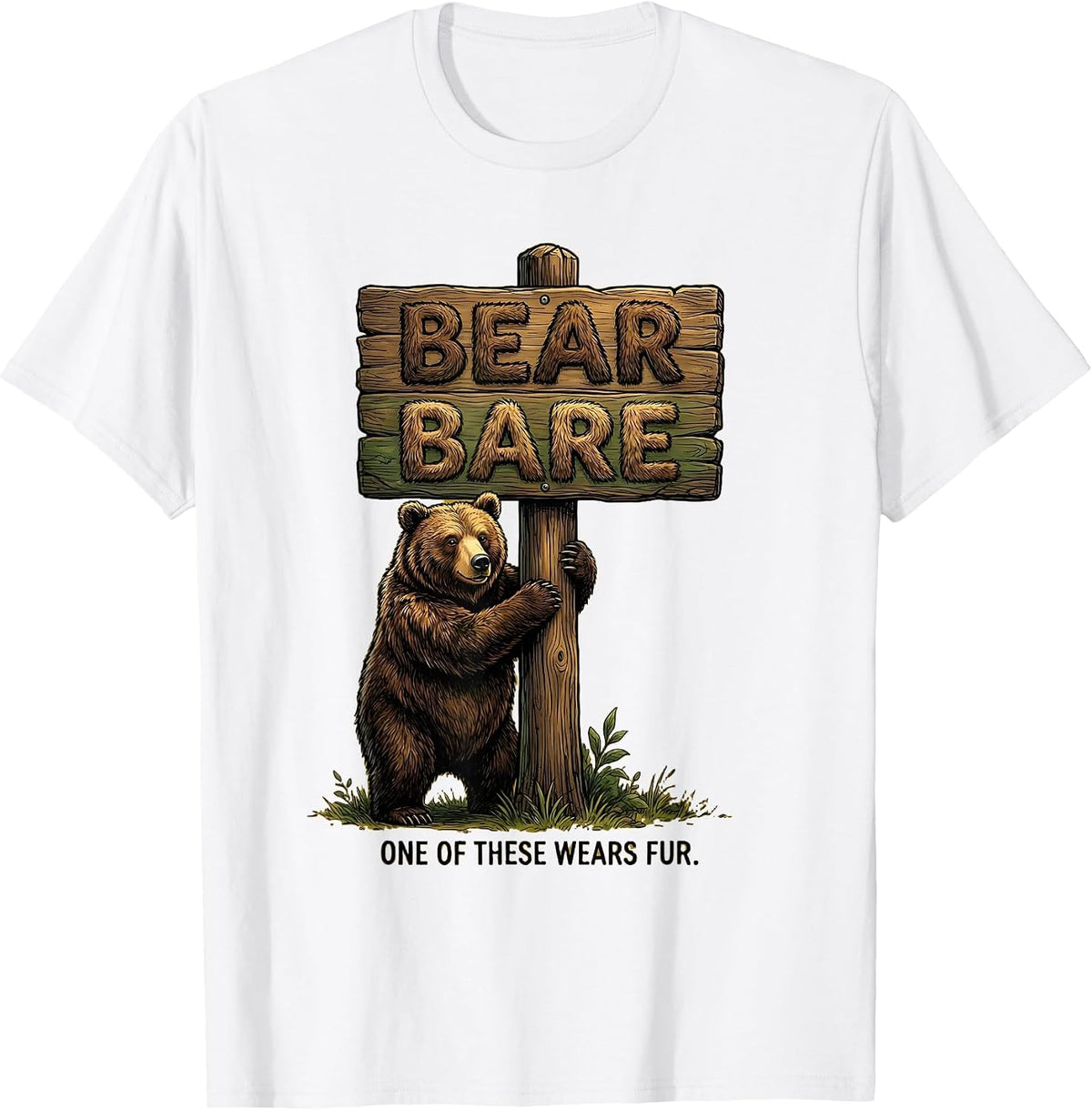 Men's Bear Bare One Of These Wears Fur Funny Grammar Teacher Humor T-Shirt - White