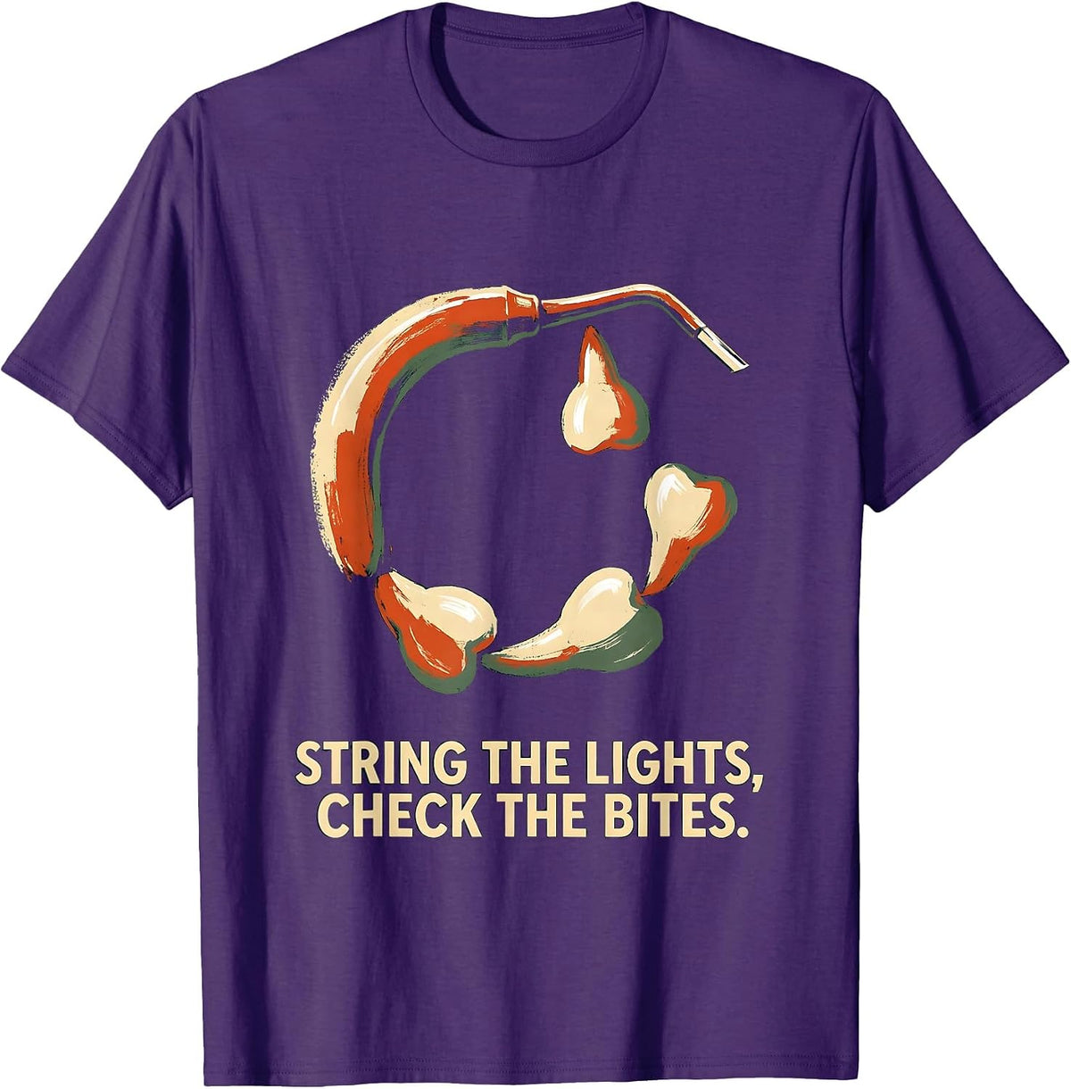 String The Lights Check The Bites Funny Dentist Christmas T-Shirt - Purple