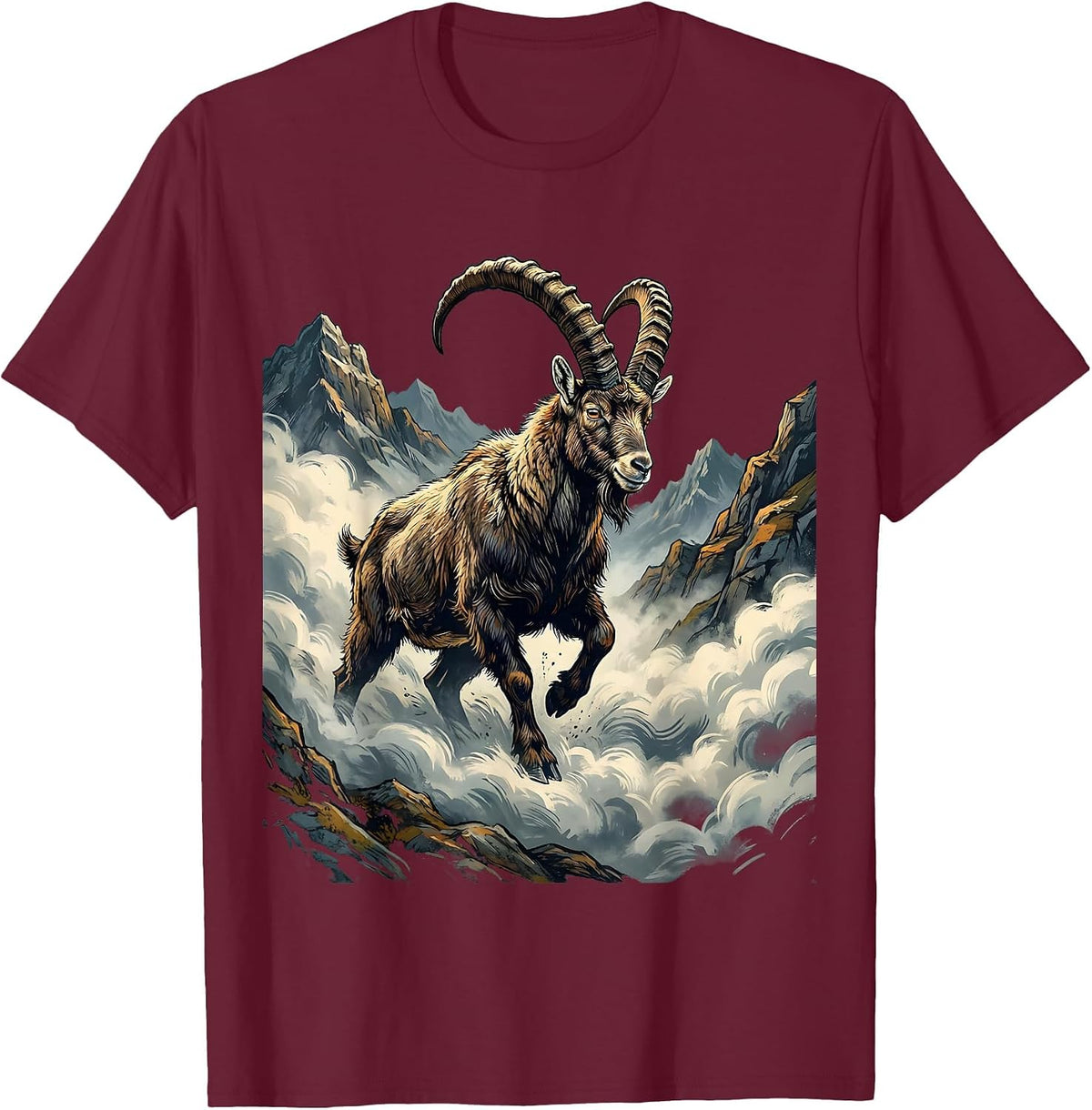 Goat Emerging From Mountain Fog Illustration T-Shirt - Burgundy