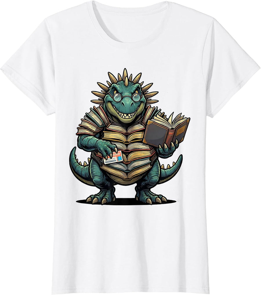 Women's Dinosaur Reading Teacher Librarian Bookworm Humor T-Shirt - White