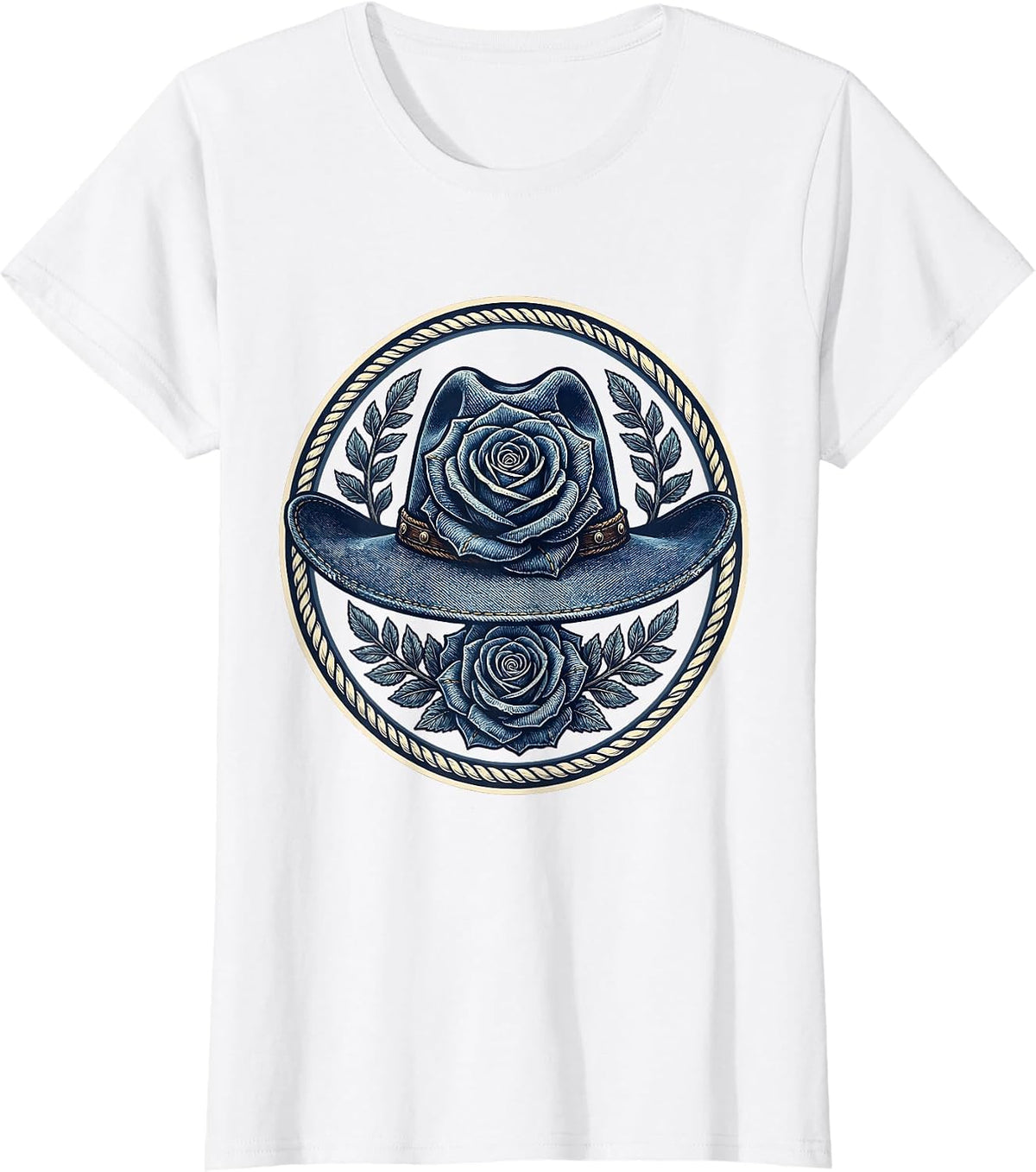 Denim Cowgirl Hat With Roses Graphic T-Shirt - White