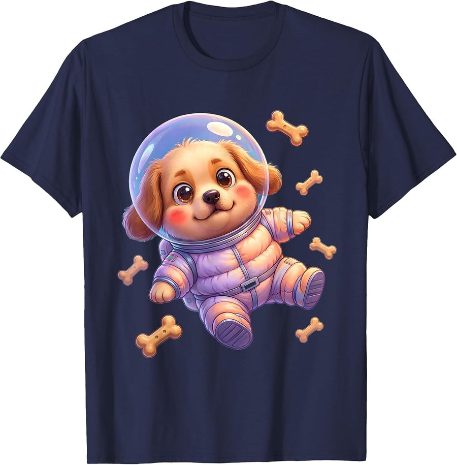 Crazy Dog Astronaut Floating in Space with Bones T-Shirt - Navy Blue
