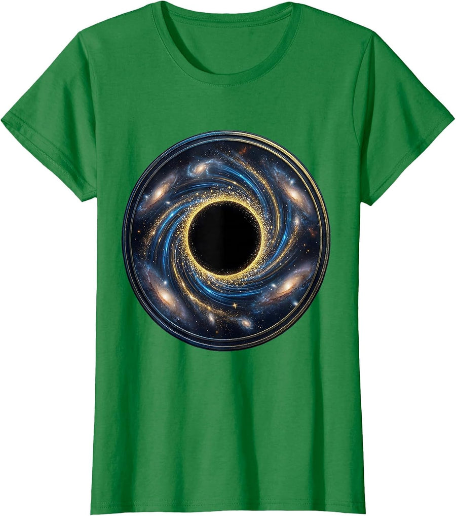 Women's Black Hole Swirling Stardust Galaxy Space Art T-Shirt - Kelly Green