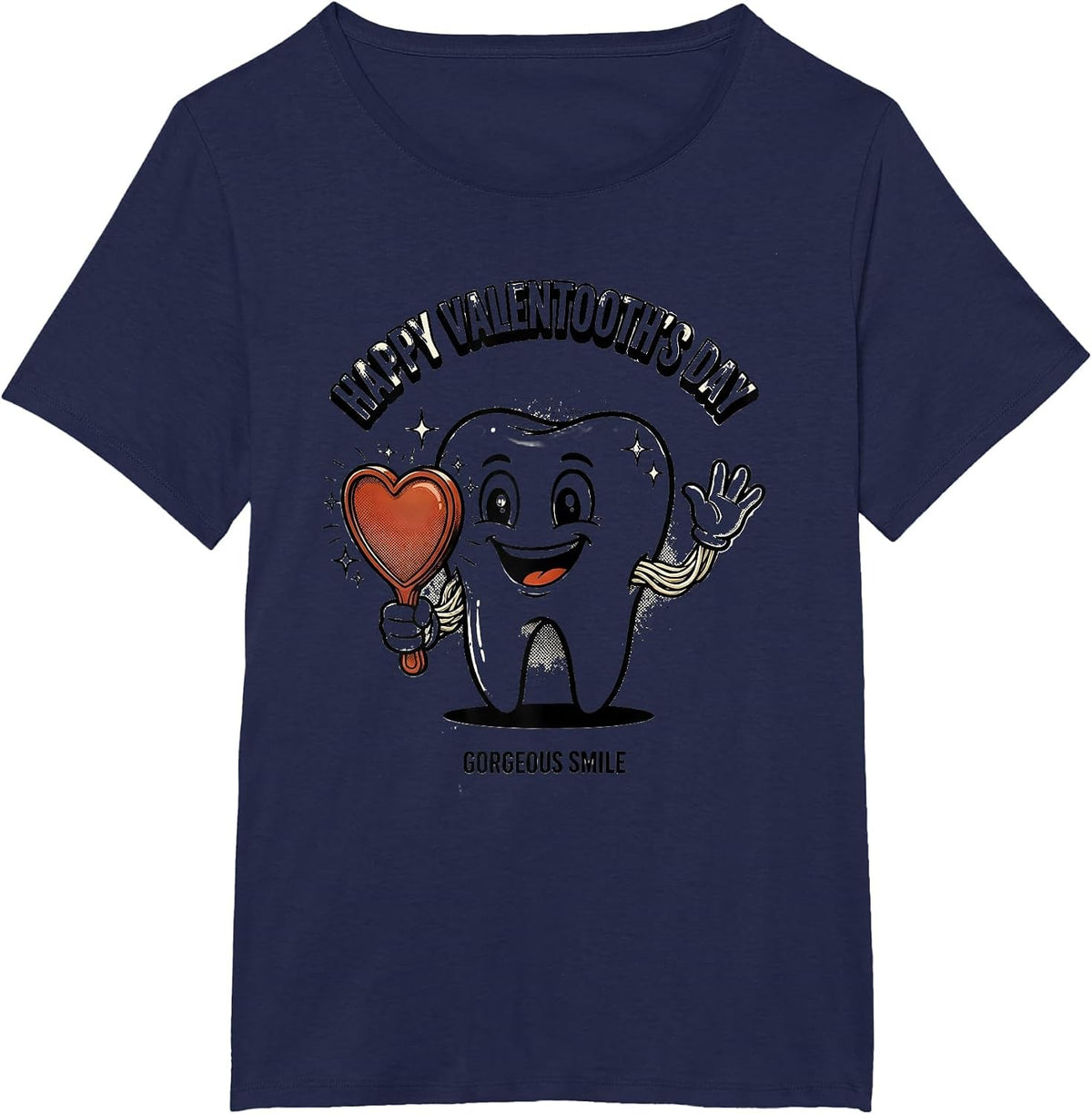 Women's Happy Valentooth's Day Gorgeous Smile Retro Cartoon Dental T-Shirt - Navy Blue
