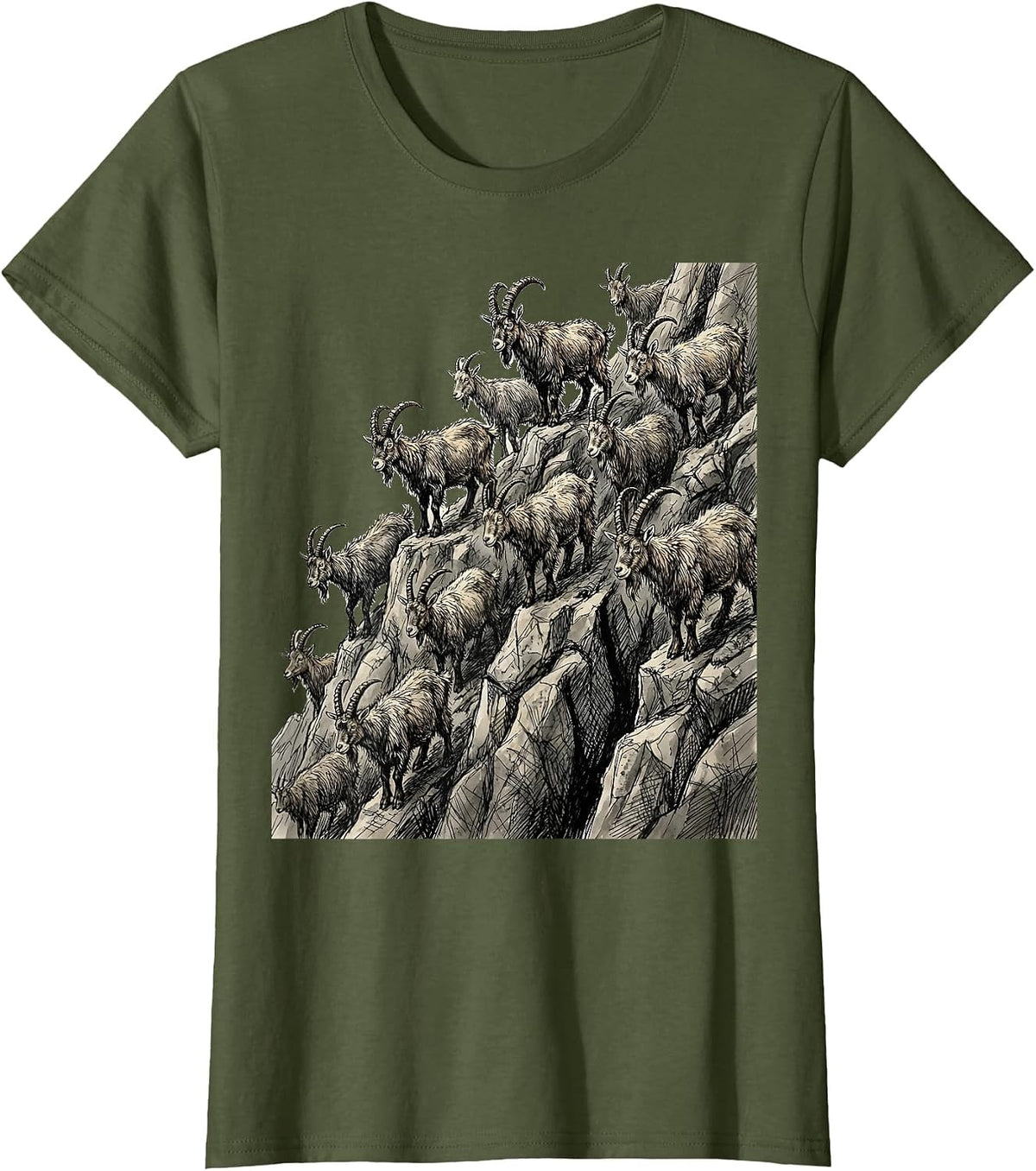 Women's Goat Herd Mountain Climb Graphic Tee T-Shirt - Olive Green