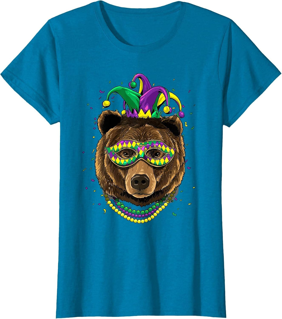Bear Animal Lover Cute Mardi Gras Carnival Jester T-Shirt, Women, Sapphire Blue, Large - As Pictured
