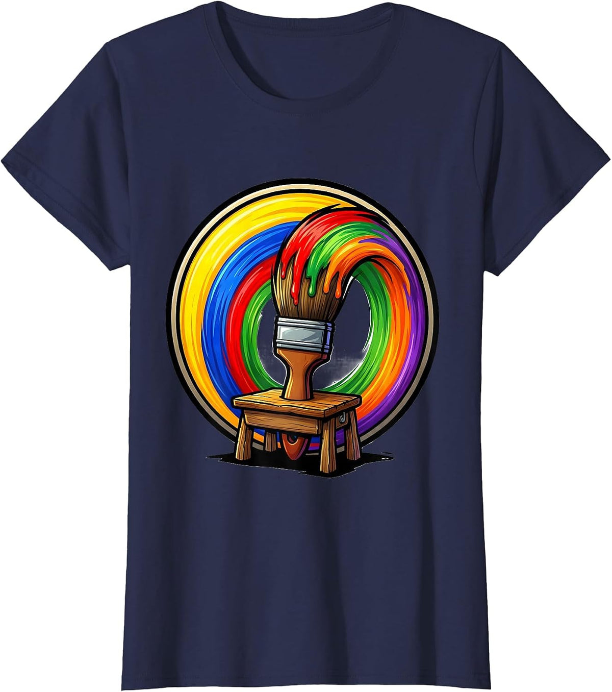 Women's PreK Teacher Paintbrush Rainbow Classroom Art T-Shirt - Navy Blue