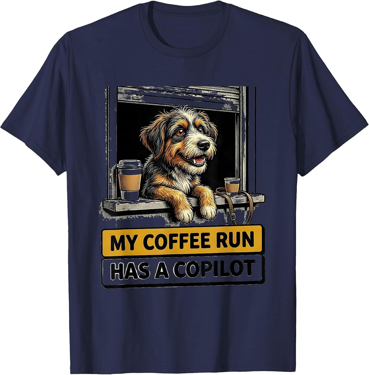 My Coffee Run Has A Copilot Funny Bernedoodle Coffee Lover T-Shirt - Navy Blue