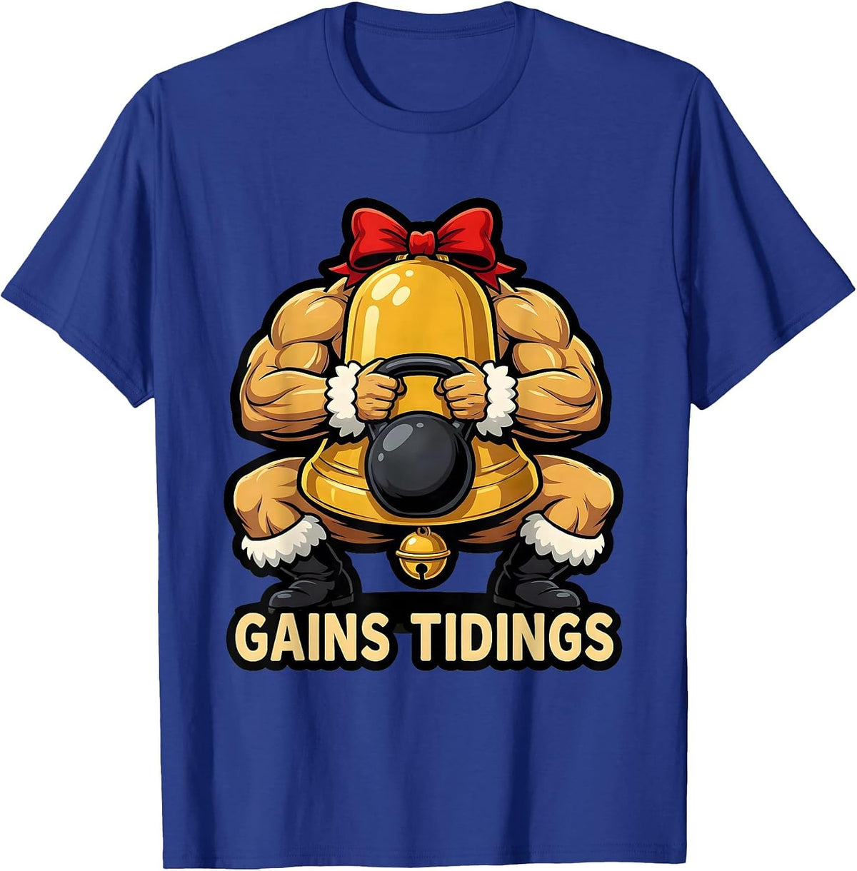 Gains Tidings Bold Cartoon Fitness Christmas Gym Workout T-Shirt - Royal Blue