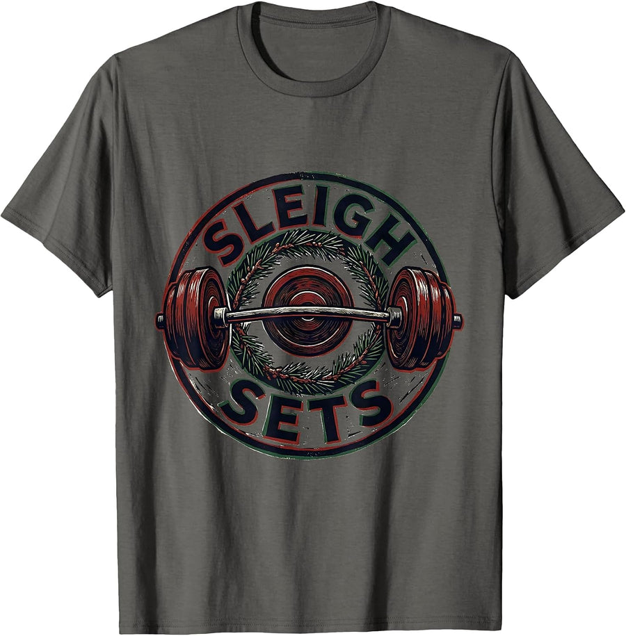 Sleigh Sets Linocut Funny Christmas Gym Weightlifting T-Shirt - Asphalt Grey