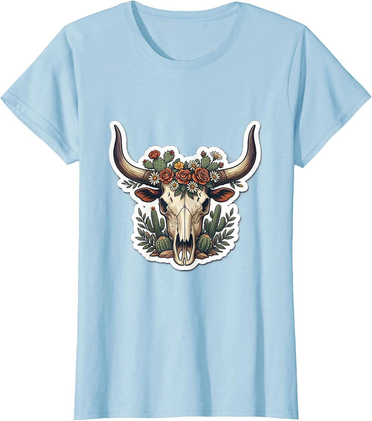 Longhorn Skull Desert Flowers Western Boho Design T-Shirt - Baby Blue