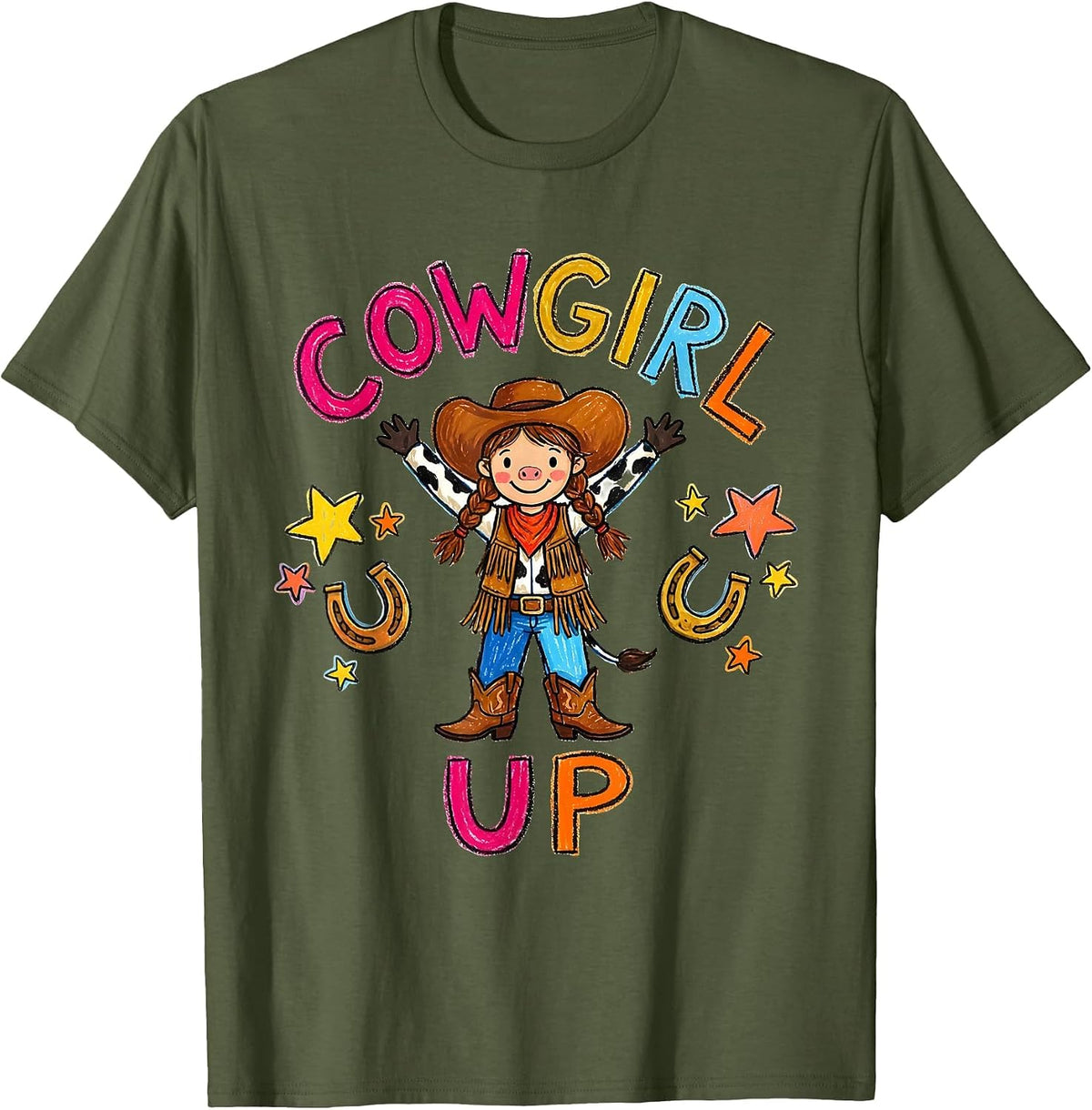 Cowgirl Up Western Rodeo Design T-Shirt - Olive Green