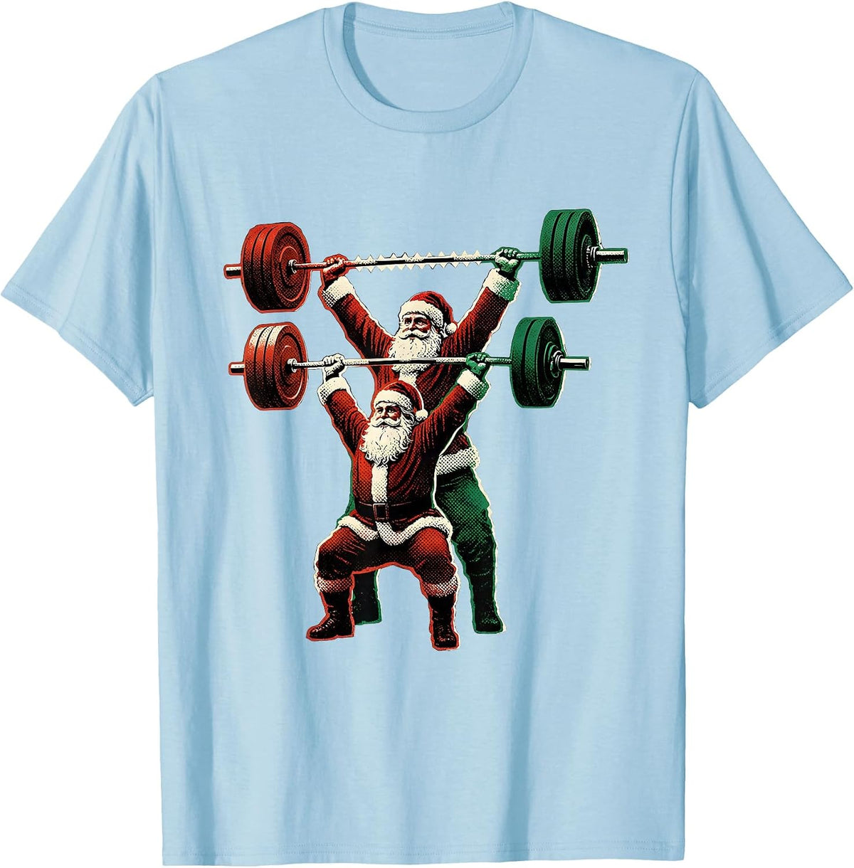 Men's Santa Barbell Snatch Gym Humor Christmas Weightlifting T-Shirt - Baby Blue