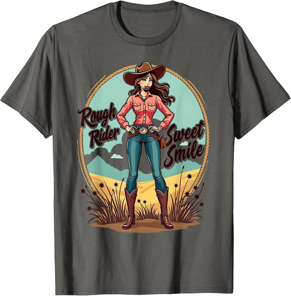 Rough Rider Sweet Smile Western Rodeo Mama Design T-Shirt - Asphalt Grey