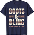 Boots & Bling Cowgirl Here Western Rodeo Country Girl Humor T-Shirt - Navy Blue