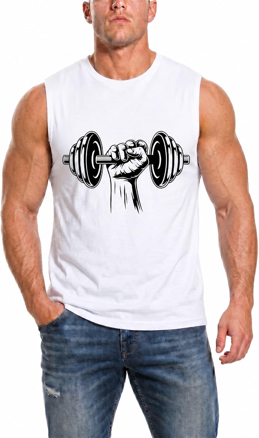 Men's Sleeveless Workout Tank Top, Gym Fitness Bodybuilding Athletic Tee - J1-white