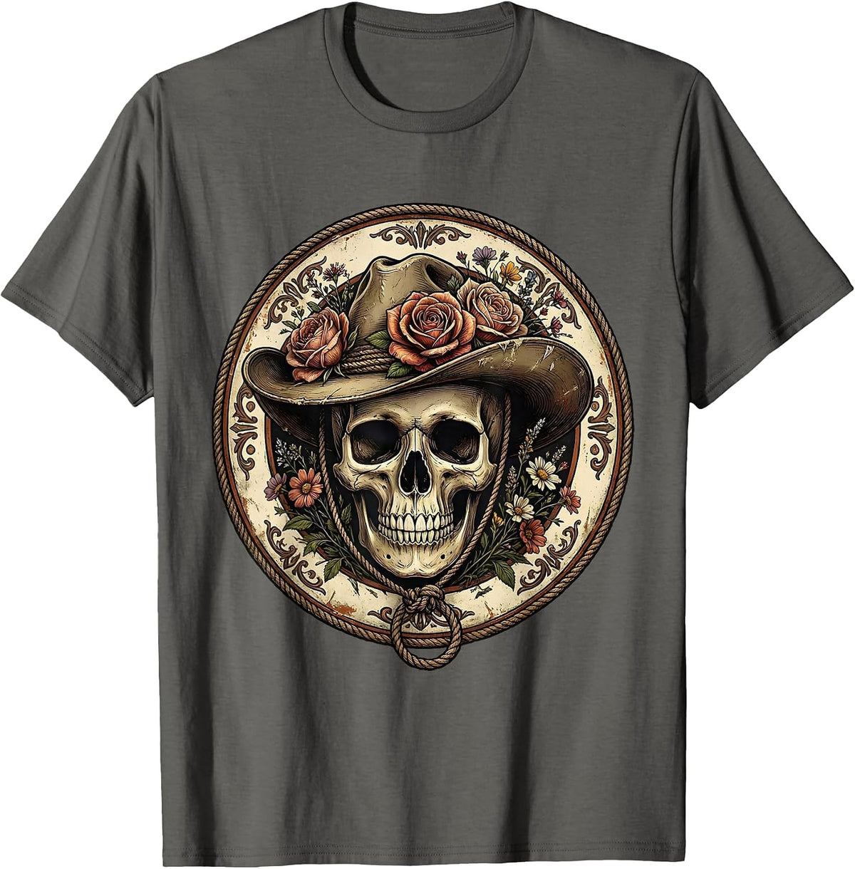 Floral Cowboy Hat Skull Western Art Design T-Shirt - Asphalt Grey
