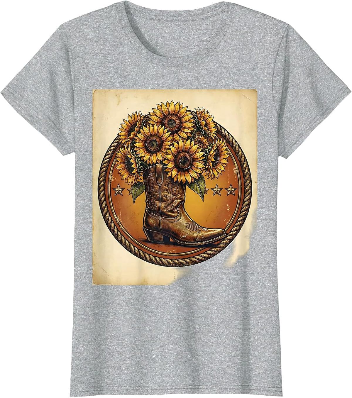 Cowgirl Boot Sunflower Blooms Rodeo Design T-Shirt - Heather Grey