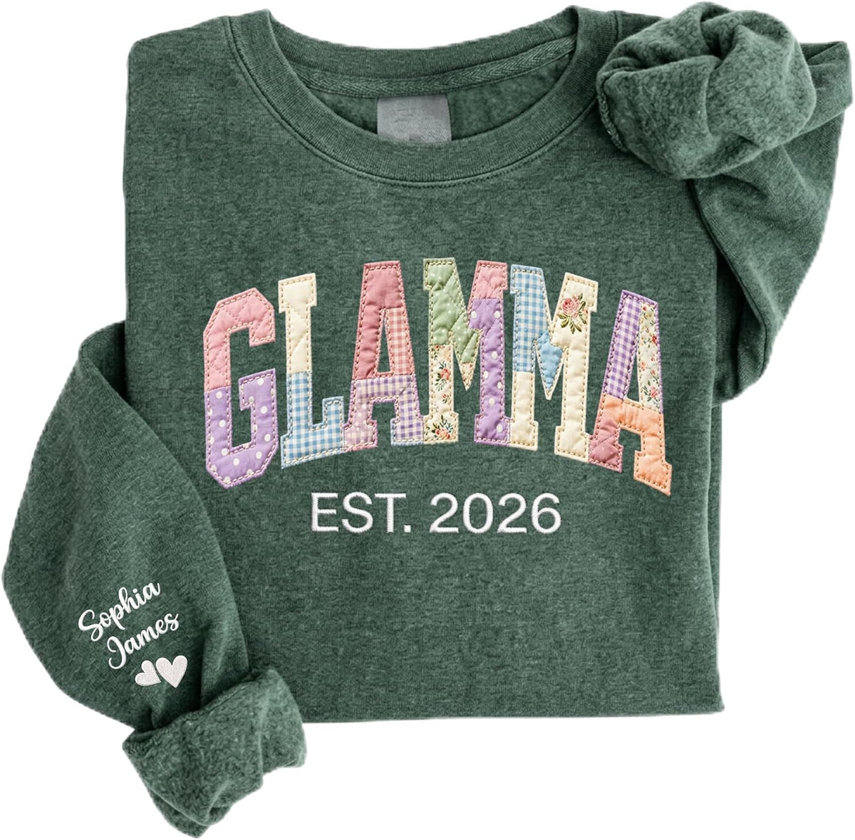 DILYPOD Personalized Embroidered Patchwork Floral Mama Sweatshirt, Custom Grandma Shirt with Kid Name, Mothers Day Shirt
