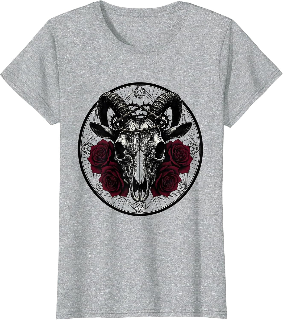 Goat Skull Crowned With Thorns and Roses Graphic T-Shirt - Heather Grey