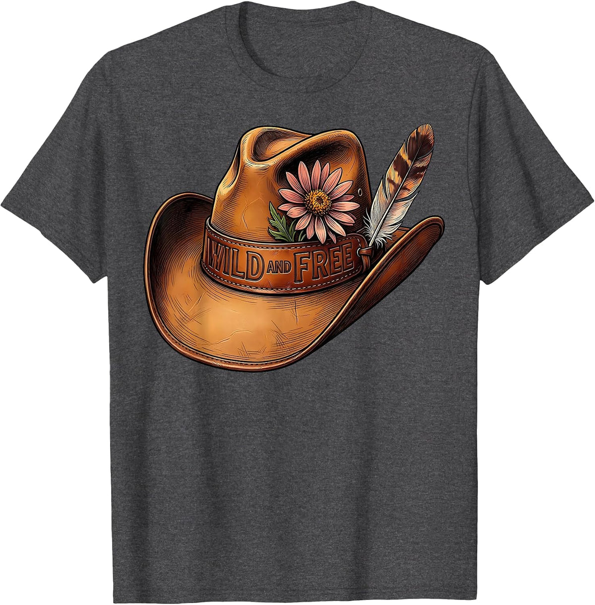 Wild and Free Womens Western Boho Design T-Shirt - Dark Heather Grey