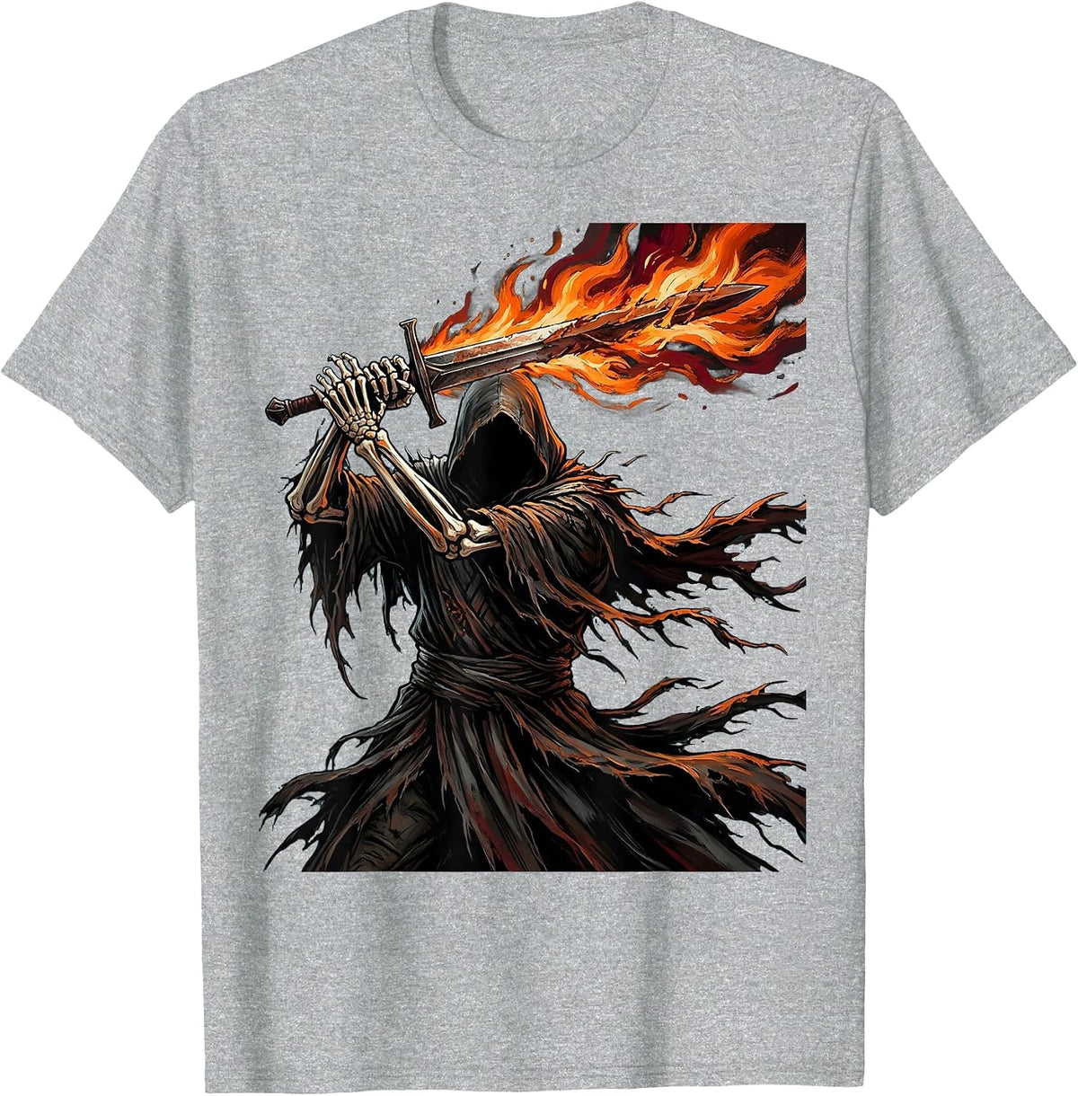 Men's Hooded Figure Flaming Sword Dark Metal Graphic T-Shirt - Heather Grey