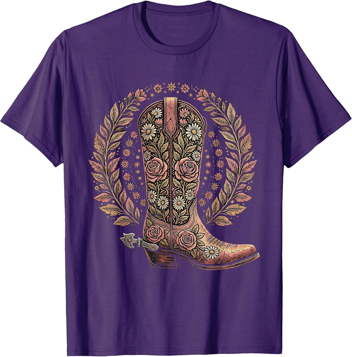 Floral Embroidery Western Boots Graphic Design T-Shirt - Purple