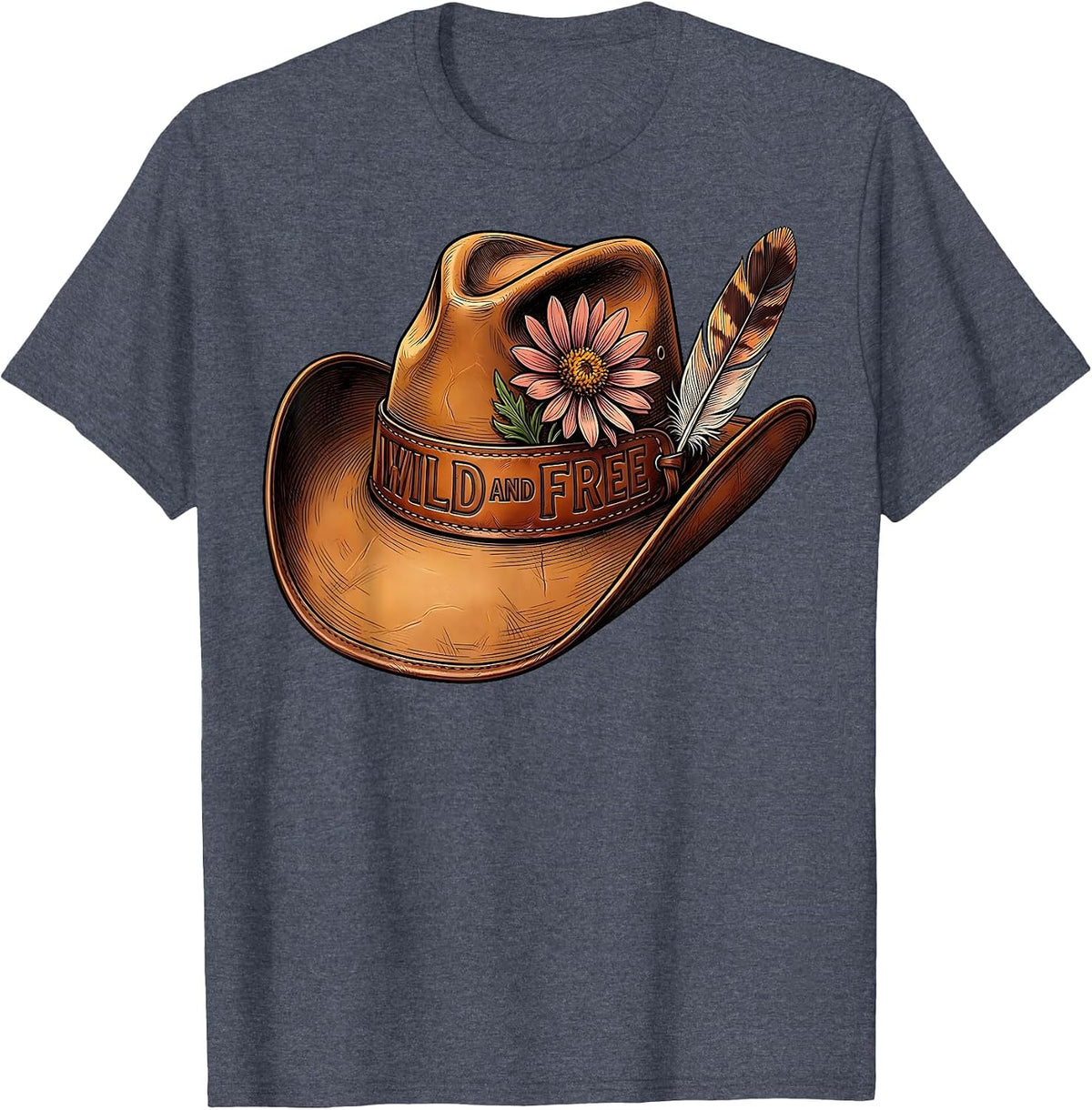 Wild and Free Womens Western Boho Design T-Shirt - Heather Blue