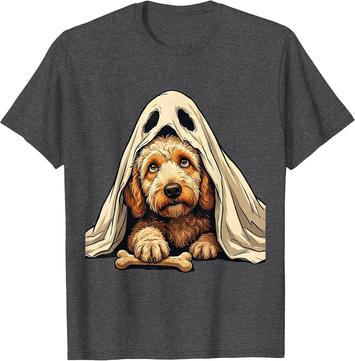 Men's Curly Goldendoodle Ghost Bone Stealing Halloween Humor T-Shirt - Dark Heather Grey