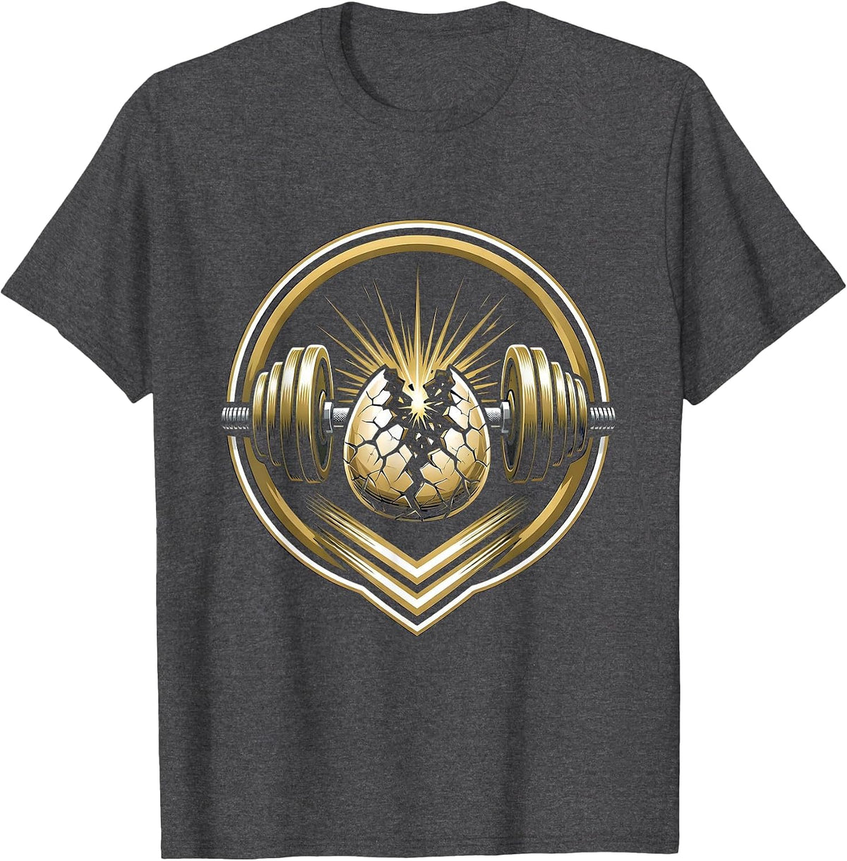 Cracked Dumbbell Egg Funny Gym Graphic T-Shirt - Dark Heather Grey
