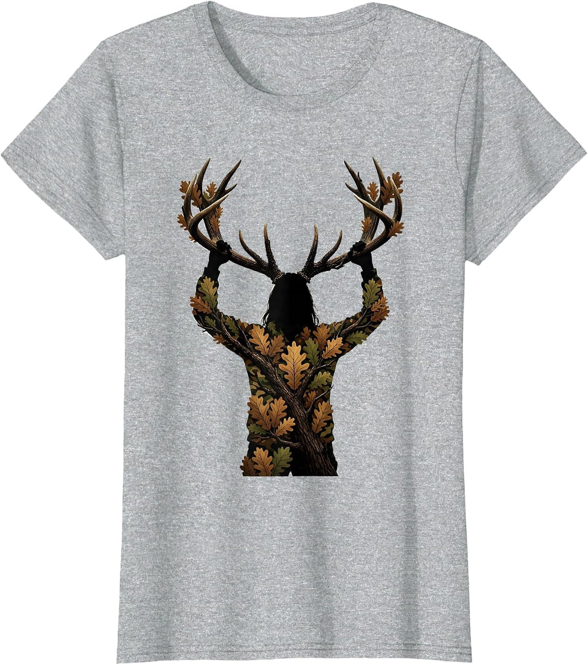Women's Camo Deer Hunter Trophy Rack Hunting Illustration T-Shirt - Heather Grey