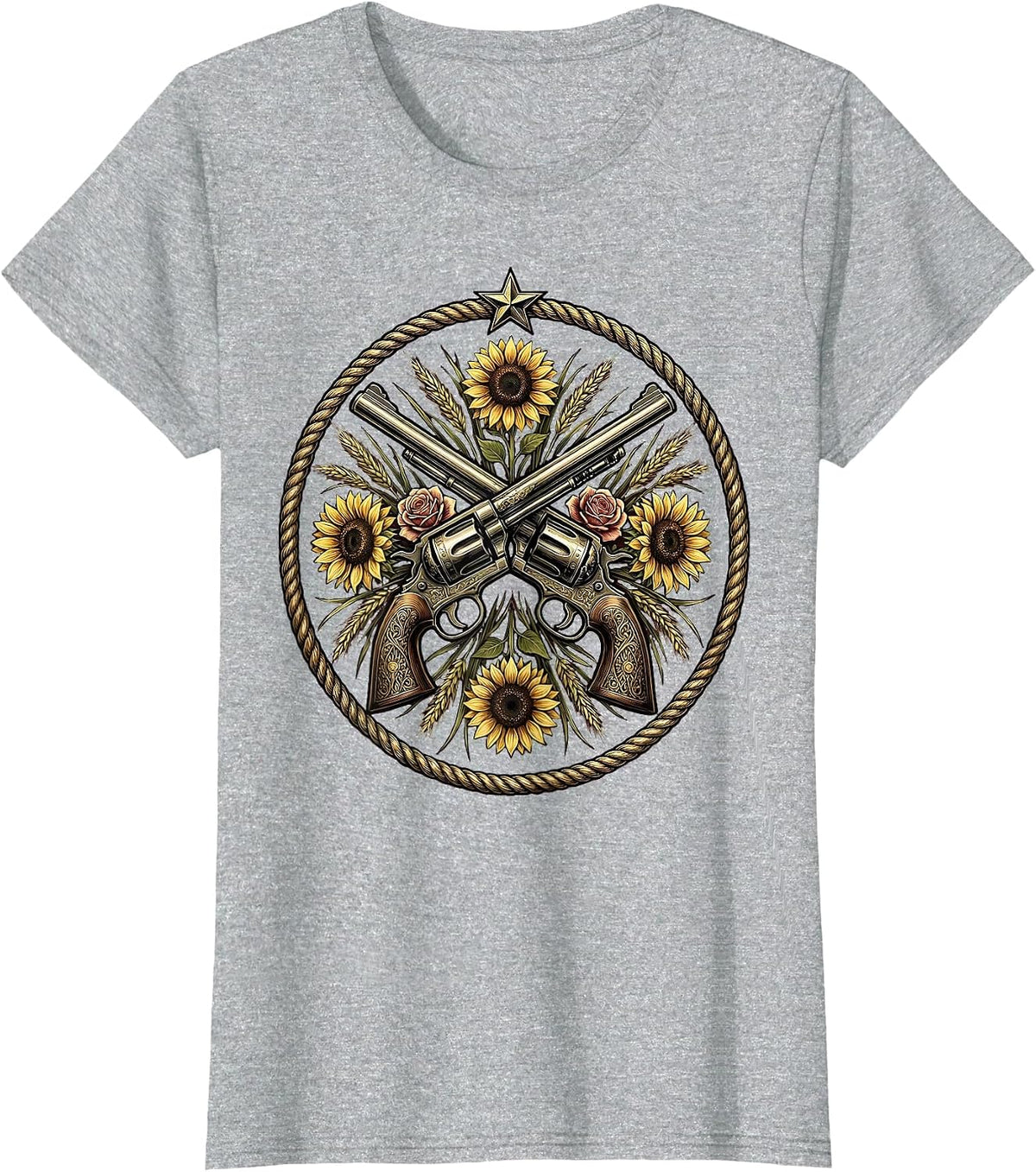 Crossed Revolvers Wildflowers Cowgirl Western Design T-Shirt - Heather Grey