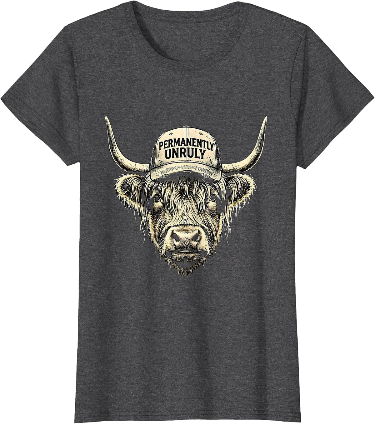 Women's Permanently Unruly Boho Western Highland Cow Humor T-Shirt - Dark Heather Grey