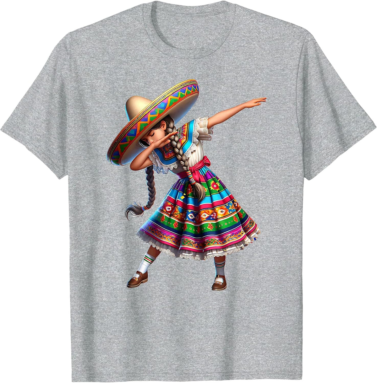 Funny Dabbing Mexican Poncho Sombrero Cinco de Mayo Girl T-Shirt - Heather Grey