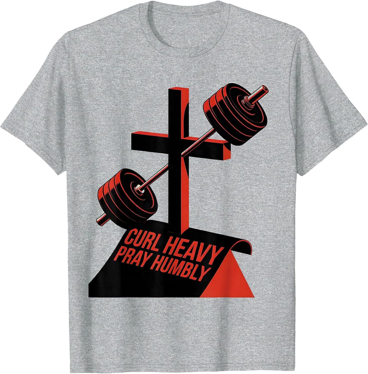 Men's Curl Heavy Pray Humbly Faith Motivation Christian Gym T-Shirt - Heather Grey