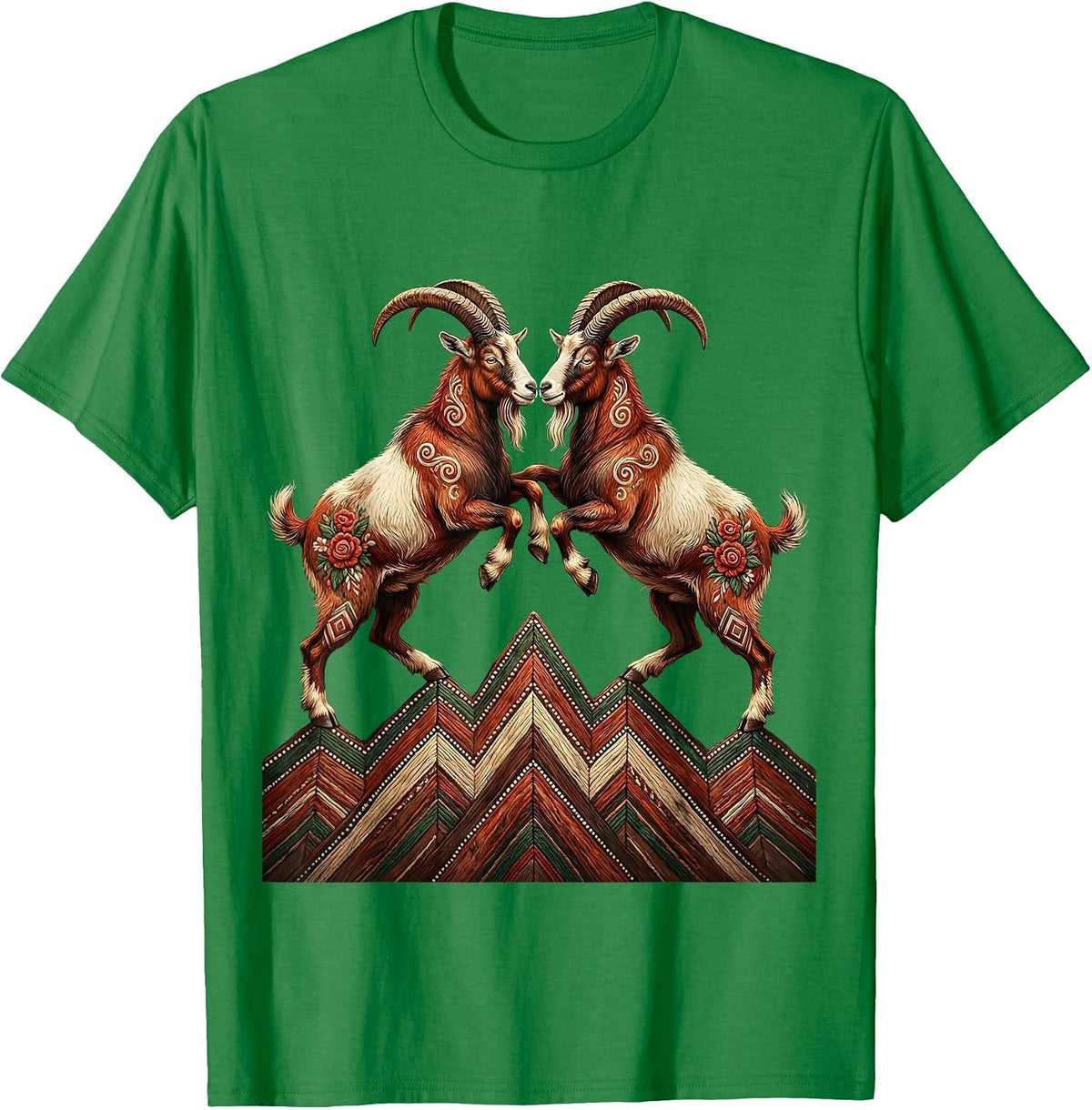 Men's Two Goats Locking Horns on a Mountain Ridge T-Shirt - Kelly Green