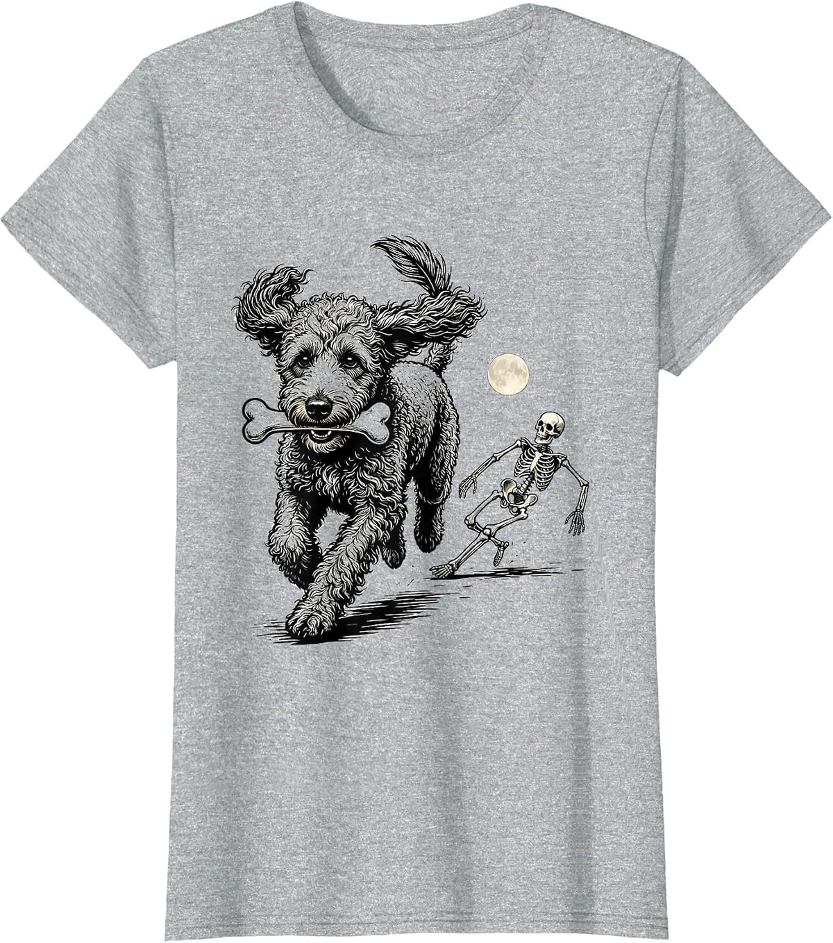 Women's Funny Skeleton Chasing Bernedoodle Halloween Dog Mom T-Shirt - Heather Grey