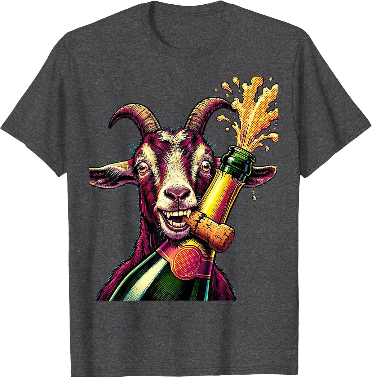 Funny Goat Champagne Cork Drinking Illustration T-Shirt - Dark Heather Grey