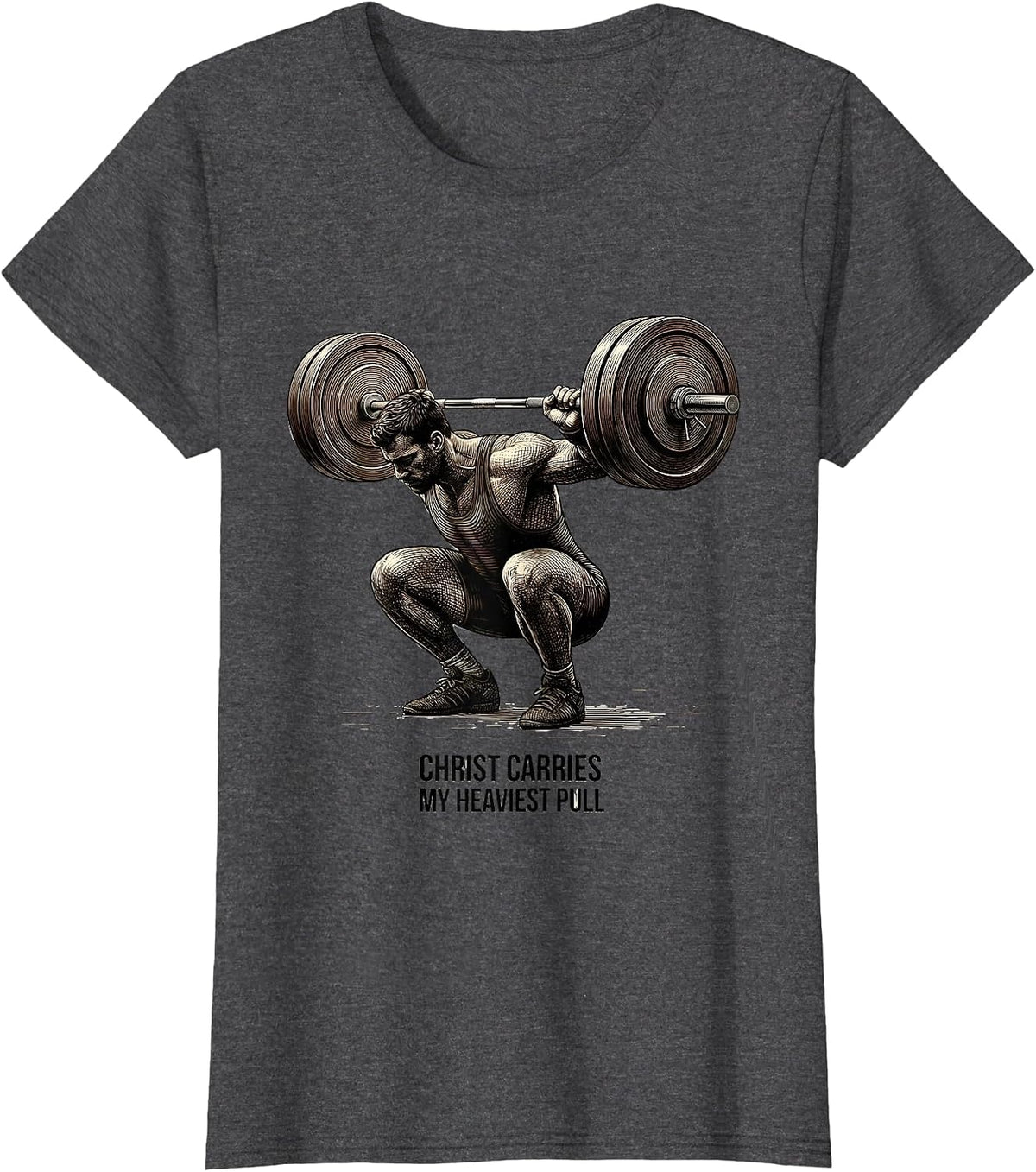 Women's Christ Carries My Heaviest Pull Faith Motivation Gym T-Shirt - Dark Heather Grey