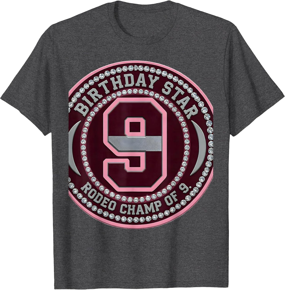 Birthday Star Rodeo Champ of 9 Sparkle Varsity Disco Cowgirl T-Shirt - Dark Heather Grey