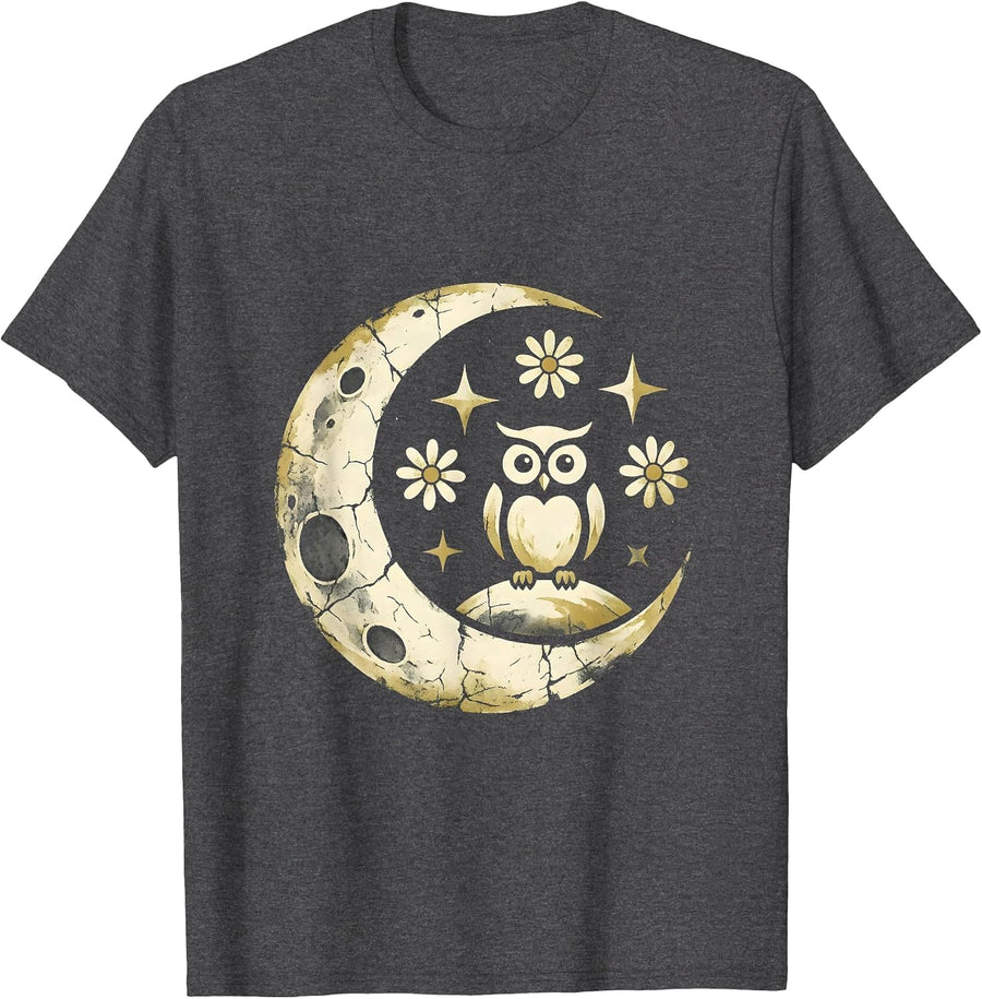 Men's Owl on Observatory Dome Starry Night Illustration T-Shirt - Dark Heather Grey