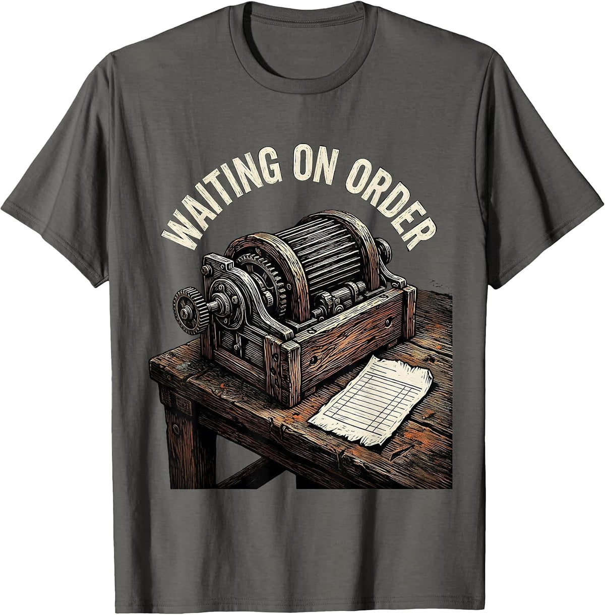 Waiting On Order Woodcut Engraving Auto Mechanic Dad T-Shirt - Asphalt Grey