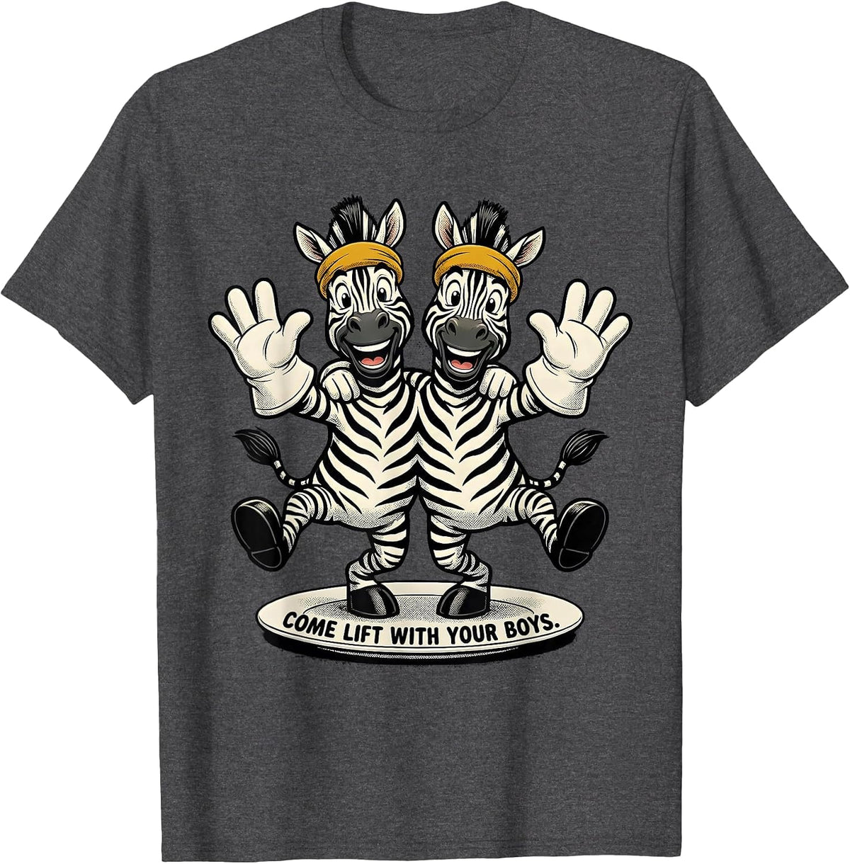 Men's Come Lift With Your Boys Retro Cartoon Zebra Duo Gym Humor T-Shirt - Dark Heather Grey