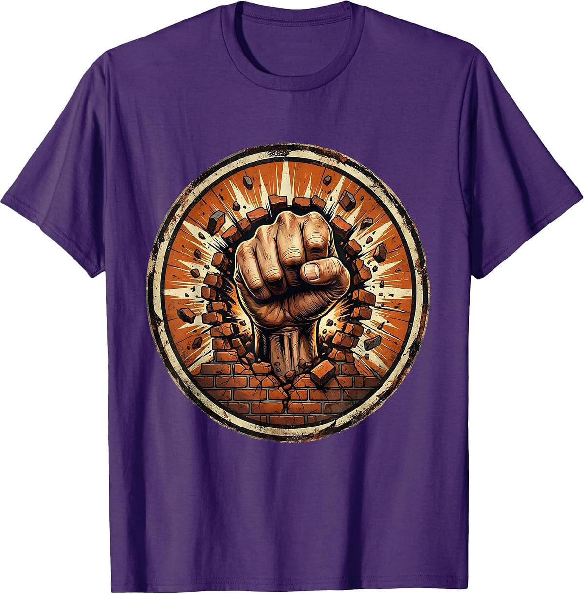 Men's 80s Rock Fist Through Brick Wall Graphic T-Shirt - Purple