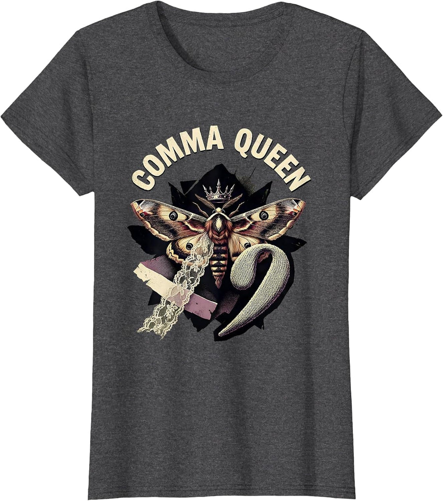 Women's Comma Queen English Teacher Grammar Design T-Shirt - Dark Heather Grey