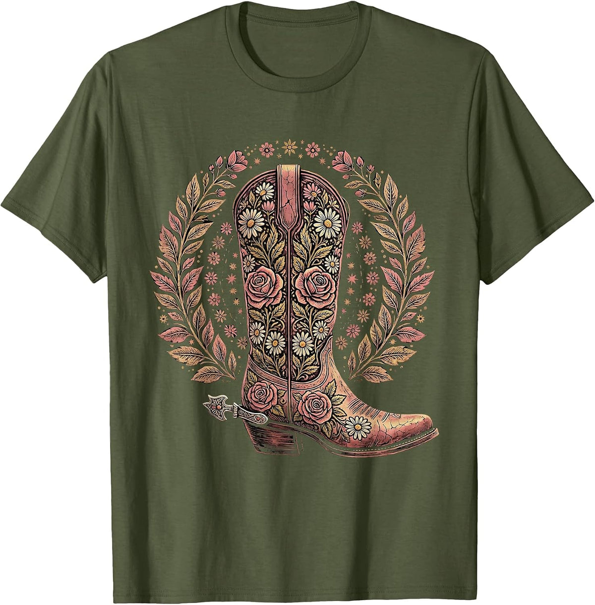 Floral Embroidery Western Boots Graphic Design T-Shirt - Olive Green
