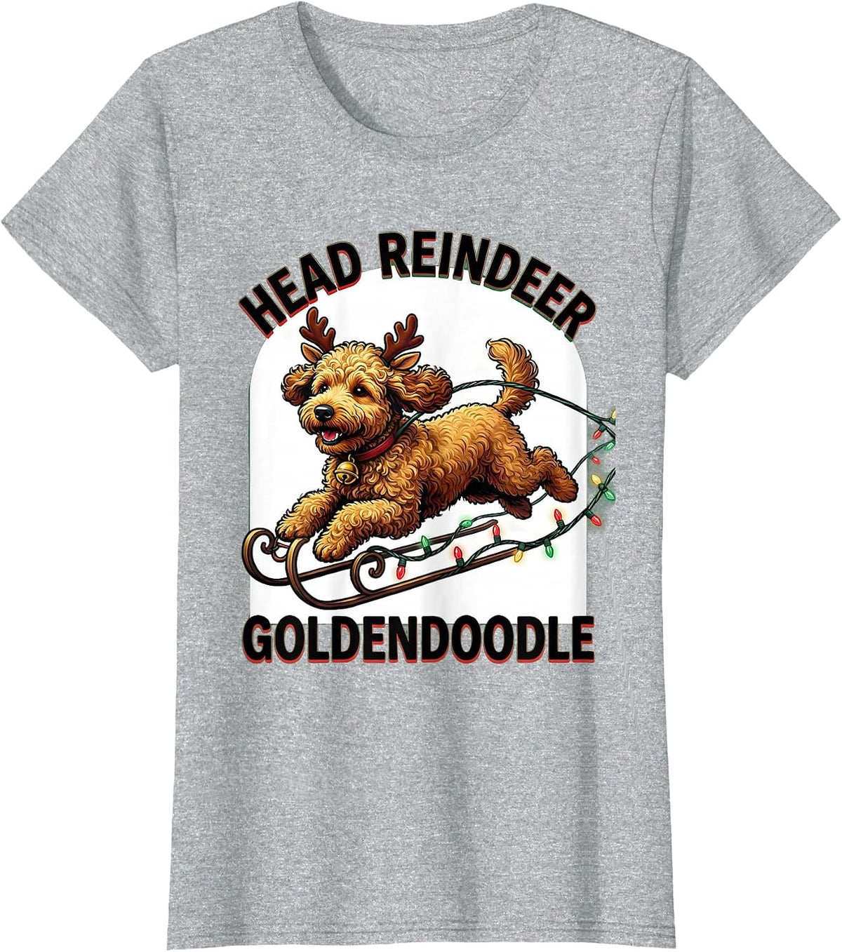 Head Reindeer Goldendoodle Funny Dog Breed Christmas Lights T-Shirt - Heather Grey