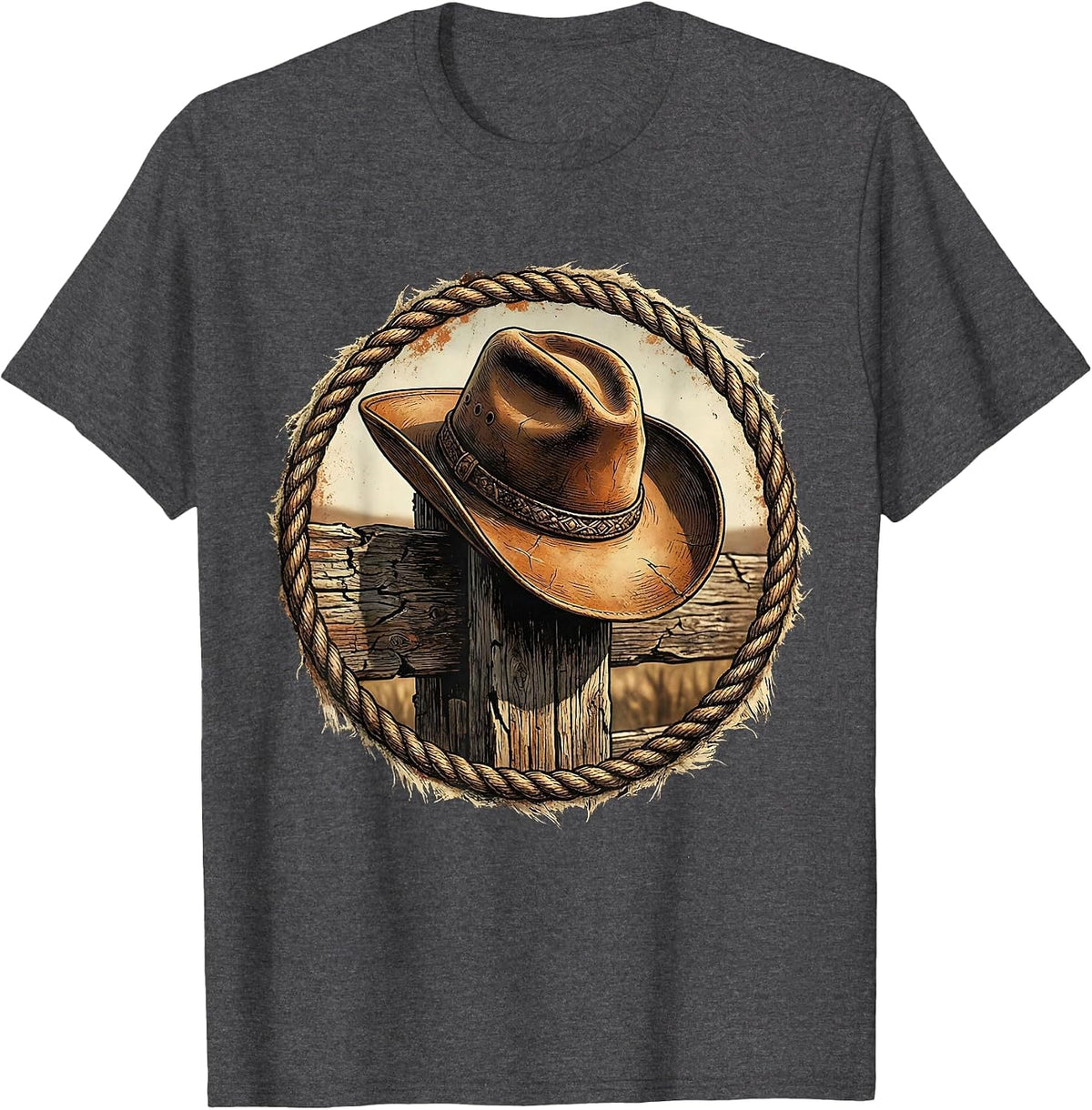 Cowgirl Hat on Wooden Post Rodeo Illustration T-Shirt - Dark Heather Grey