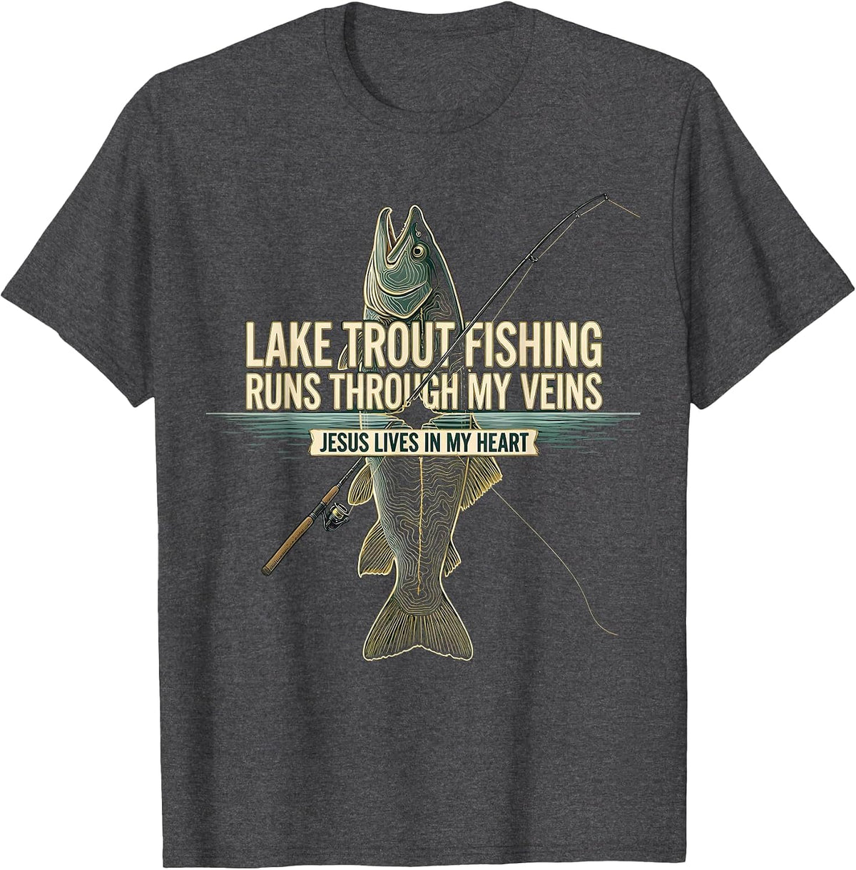 Men's Lake Trout Fishing Runs Through My Veins Jesus Lives T-Shirt - Dark Heather Grey